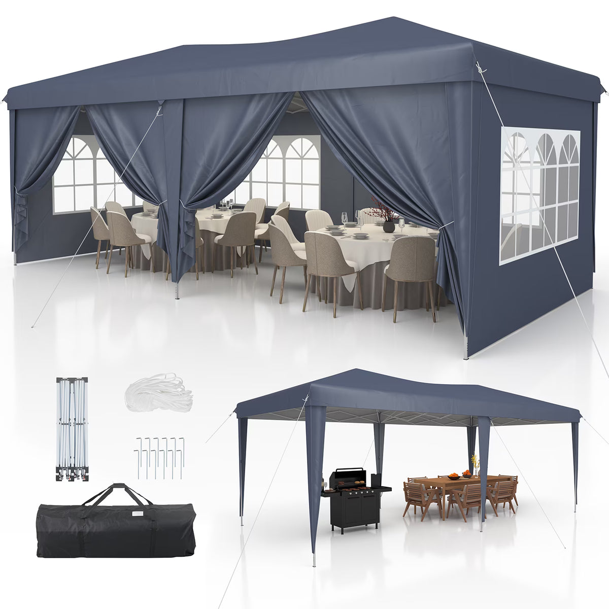Dateyes 10x20 Pop Up Canopy Tent, Waterproof Party Tent with 6 Removable Sidewalls, 3-Level Height Adjustable Event Tent, Instant Shelter for Wedding, Party, Commercial & Market Events,Blue