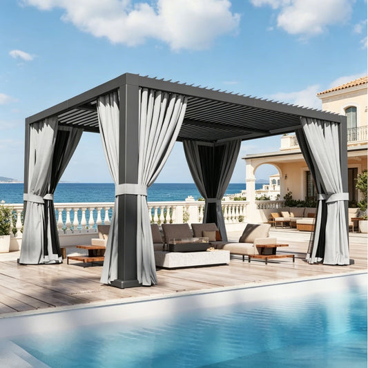 Sunmthink 12' × 14' Adjustable Louvered Pergola, Outdoor Aluminum Pergola with Curtains & Netting for Backyard, Deck & Poolside, Gray