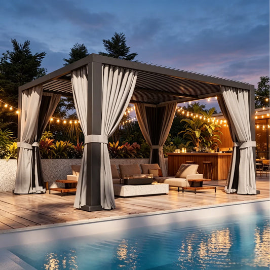 Sunmthink 12' × 16' Adjustable Louvered Pergola, Outdoor Aluminum Pergola with Curtains & Netting for Backyard, Deck & Poolside, Gray