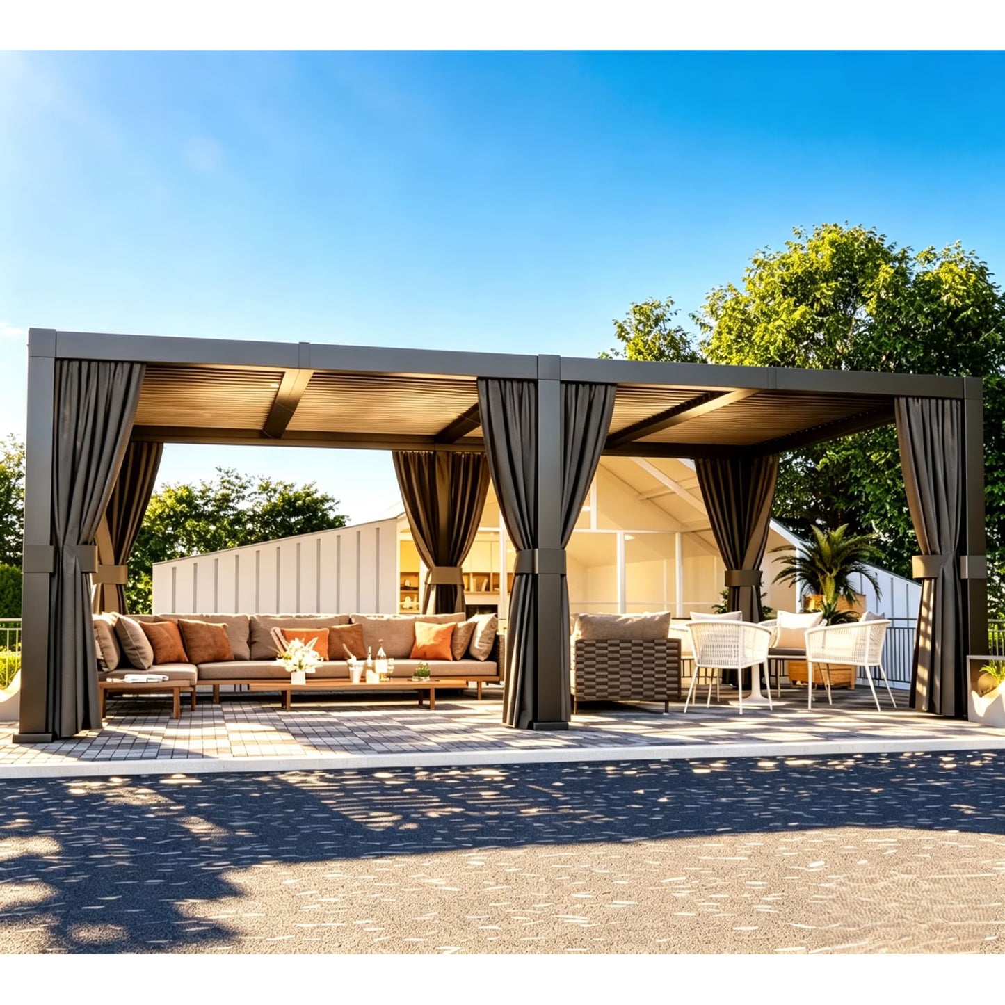 Sunmthink 12' × 20' Adjustable Louvered Pergola, Outdoor Aluminum Pergola with Curtains & Netting for Backyard, Deck & Poolside, Gray