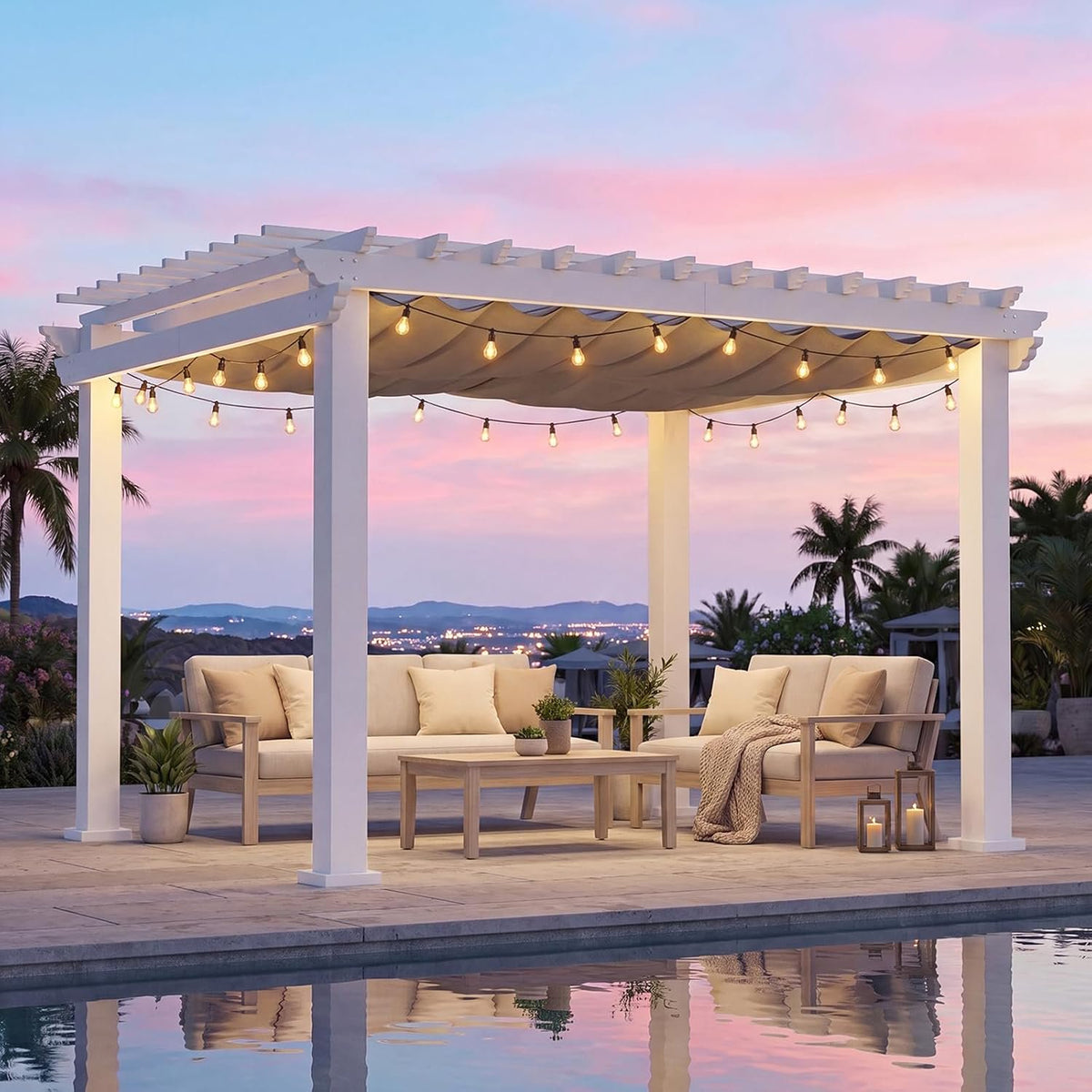 Sunmthink 12 ft x 10 ft Outdoor Patio Pergola with Lattice-Style Slatted Ceiling and Adjustable Shade Cover