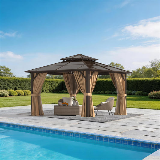 Sunmthink 12' x 12' Hardtop Gazebo,Polycarbonate Double Roof,Aluminum Frame with Curtains and Netting for Patio,Garden,Brown