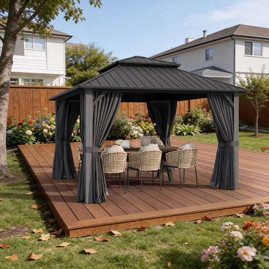 Sunmthink 12' x 12' Hardtop Gazebo with Mosquite Netting, Double Metal Roof for Lawn and Garden, Gray