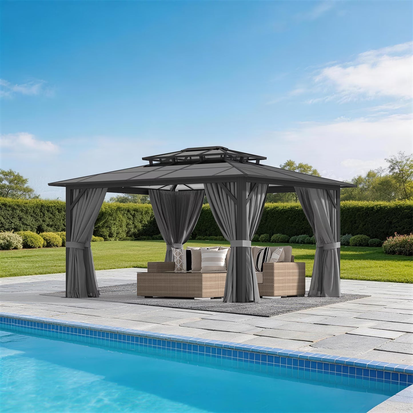 Sunmthink 12' x 14' Hardtop Gazebo,Polycarbonate Double Roof,Aluminum Frame with Curtains and Netting for Patio,Garden,Gray