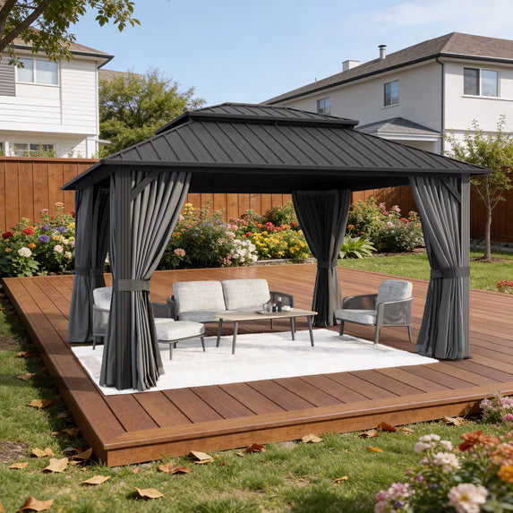 Sunmthink 12' x 14' Hardtop Gazebo with Mosquite Netting, Double Metal Roof for Lawn and Garden, Gray