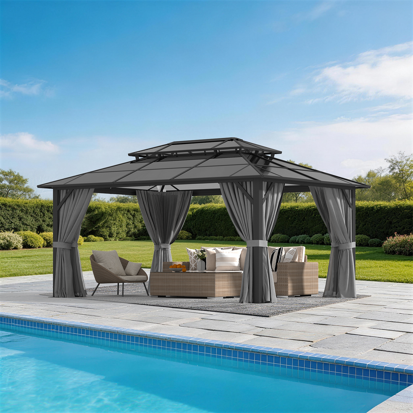 Sunmthink 12' x 16' Hardtop Gazebo,Polycarbonate Double Roof,Aluminum Frame with Curtains and Netting for Patio,Garden,Gray