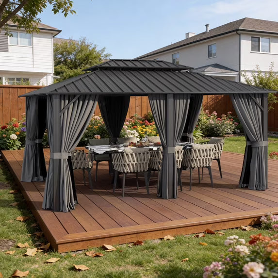Sunmthink 12' x 16' Hardtop Gazebo with Mosquite Netting, Double Metal Roof for Lawn and Garden, Gray