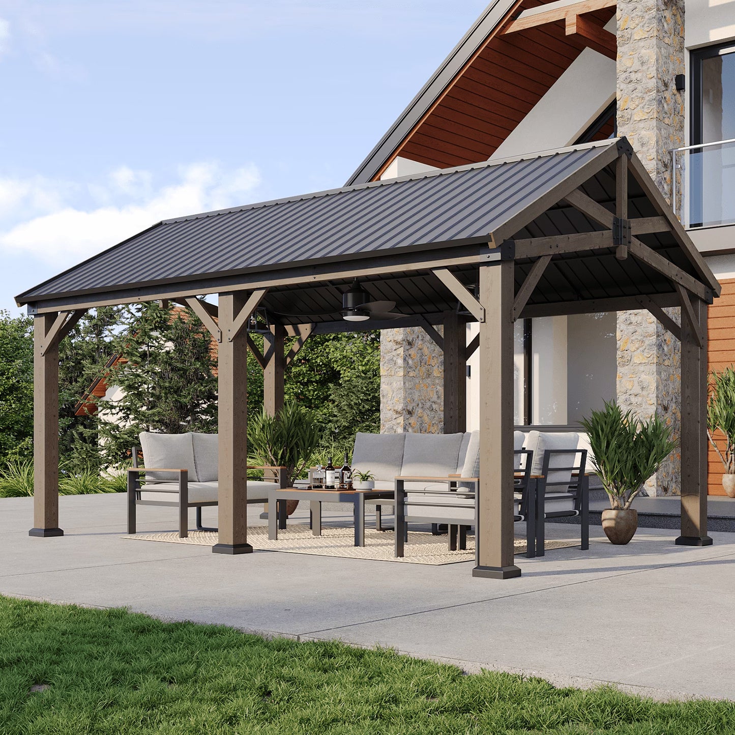 Sunmthink 12' x 16' Outdoor Wood Frame Gazebo, Hardtop Gazebo with Galvanized Steel, Permanent Wooden Pavilion for Patio Backyard Lawn Garden