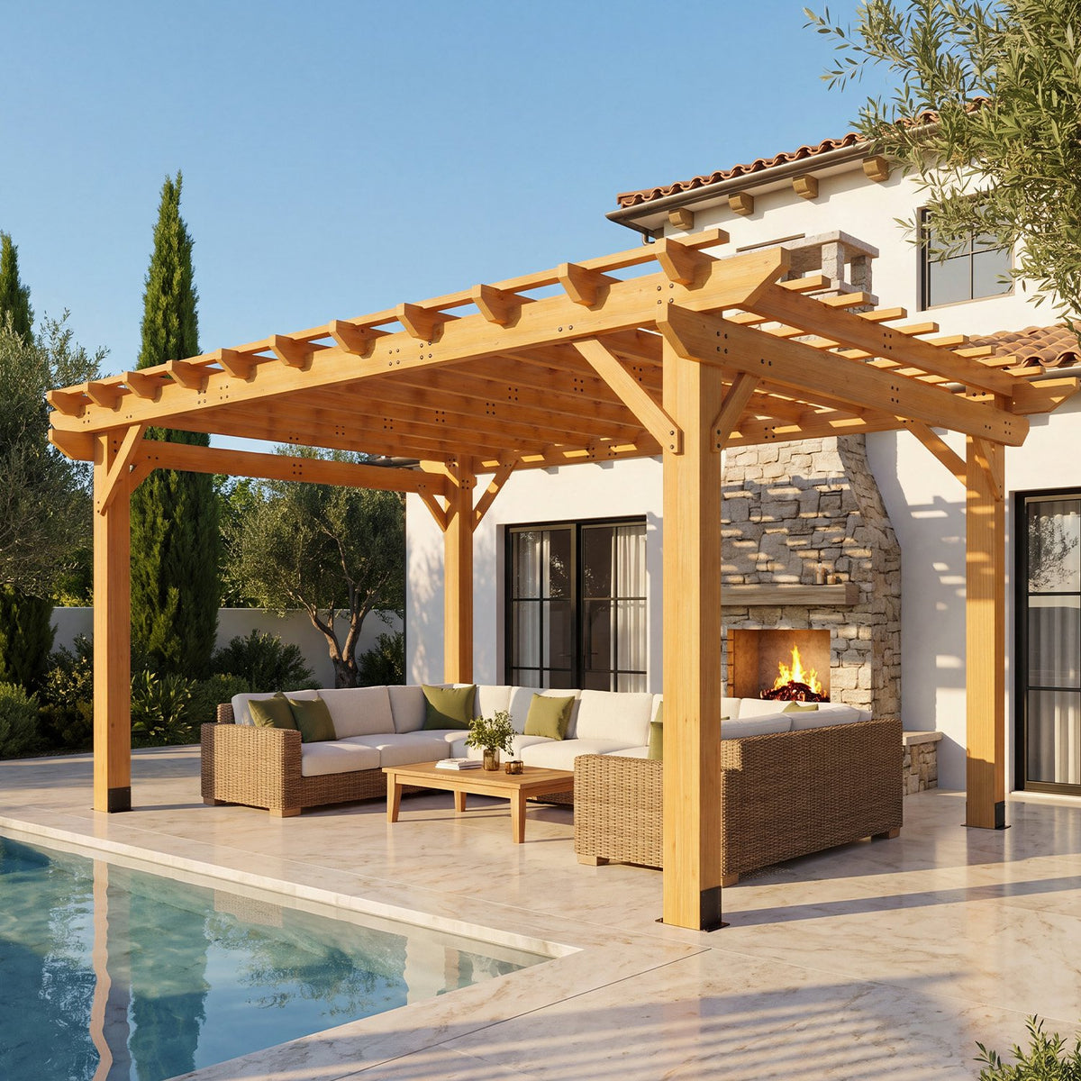 Sunmthink 12' x 16' Solid Cedar Outdoor Pergola, Tiered Lattice Canopy, Wind-Resistant up to 100 MPH, Natural Wood Finish for Patio, Deck, Lawn & Garden