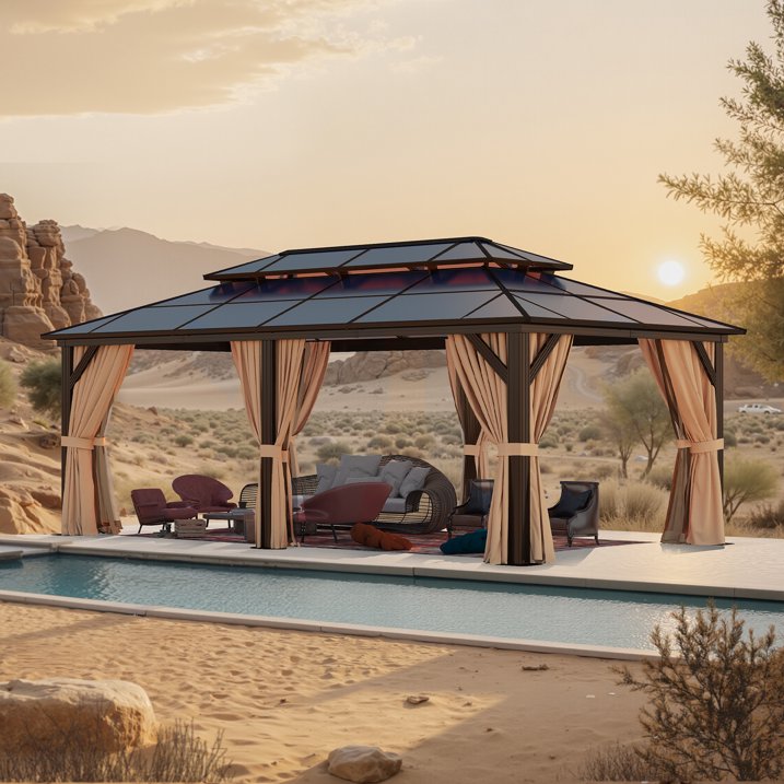 Sunmthink 12' x 20'Hardtop Gazebo,Polycarbonate Double Roof,Aluminum Frame with Curtains and Netting for Patio,Garden,Brown