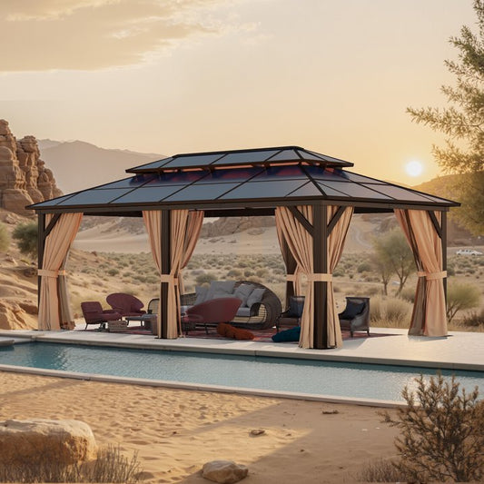Sunmthink 12' x 20'Hardtop Gazebo,Polycarbonate Double Roof,Aluminum Frame with Curtains and Netting for Patio,Garden,Brown