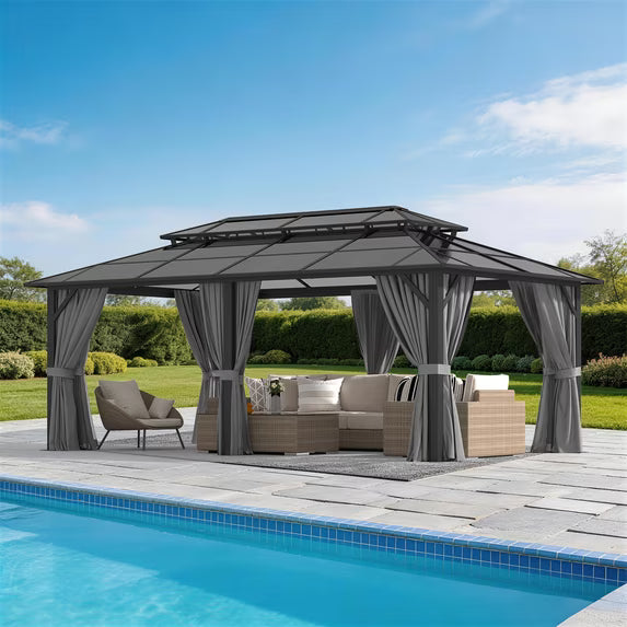 Sunmthink 12' x 20' Hardtop Gazebo,Polycarbonate Double Roof,Aluminum Frame with Curtains and Netting for Patio,Garden,Gray