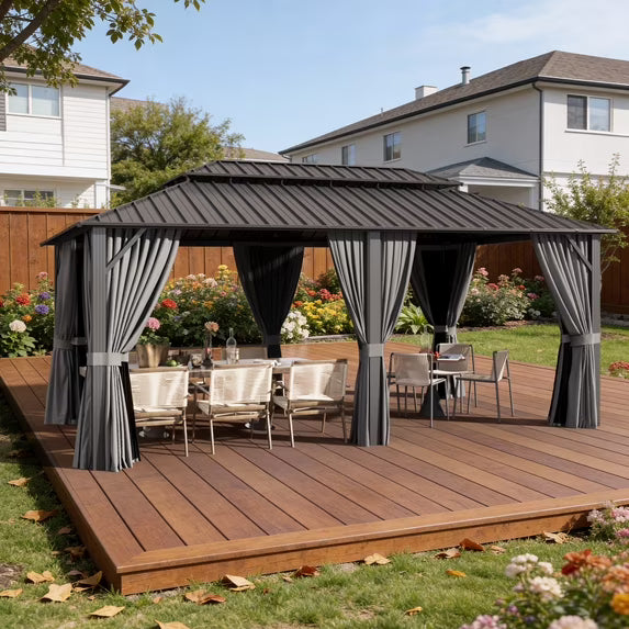 Sunmthink 12' x 20' Hardtop Gazebo with Mosquite Netting, Double Metal Roof for Lawn and Garden, Gray