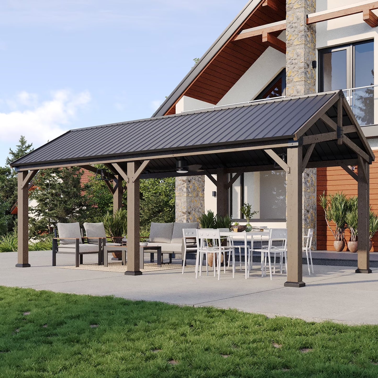 Sunmthink 12' x 20' Outdoor Wood Frame Gazebo, Hardtop Gazebo with Galvanized Steel, Permanent Wooden Pavilion for Patio Backyard Lawn Garden