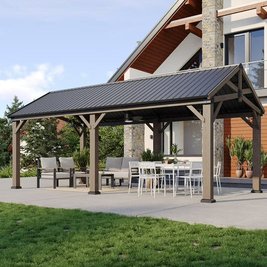 Sunmthink 12' x 20' Outdoor Wood Frame Gazebo, Hardtop Gazebo with Galvanized Steel, Permanent Wooden Pavilion for Patio Backyard Lawn Garden