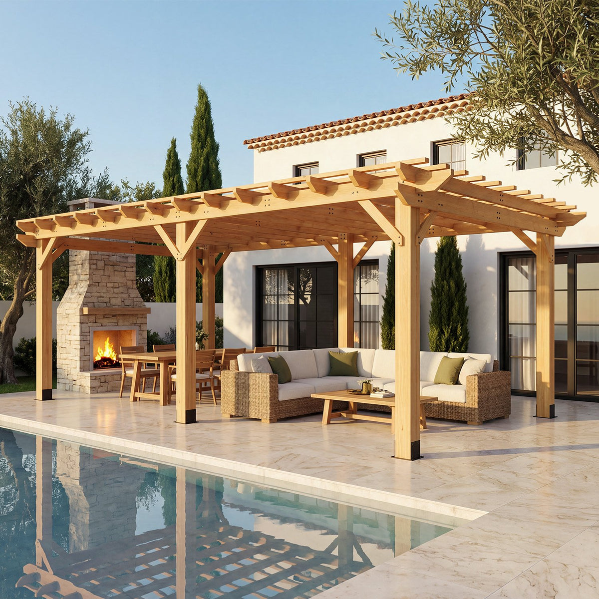 Sunmthink 12' x 20' Solid Cedar Outdoor Pergola, Tiered Lattice Canopy, Wind-Resistant up to 100 MPH, Natural Wood Finish for Patio, Deck, Lawn & Garden