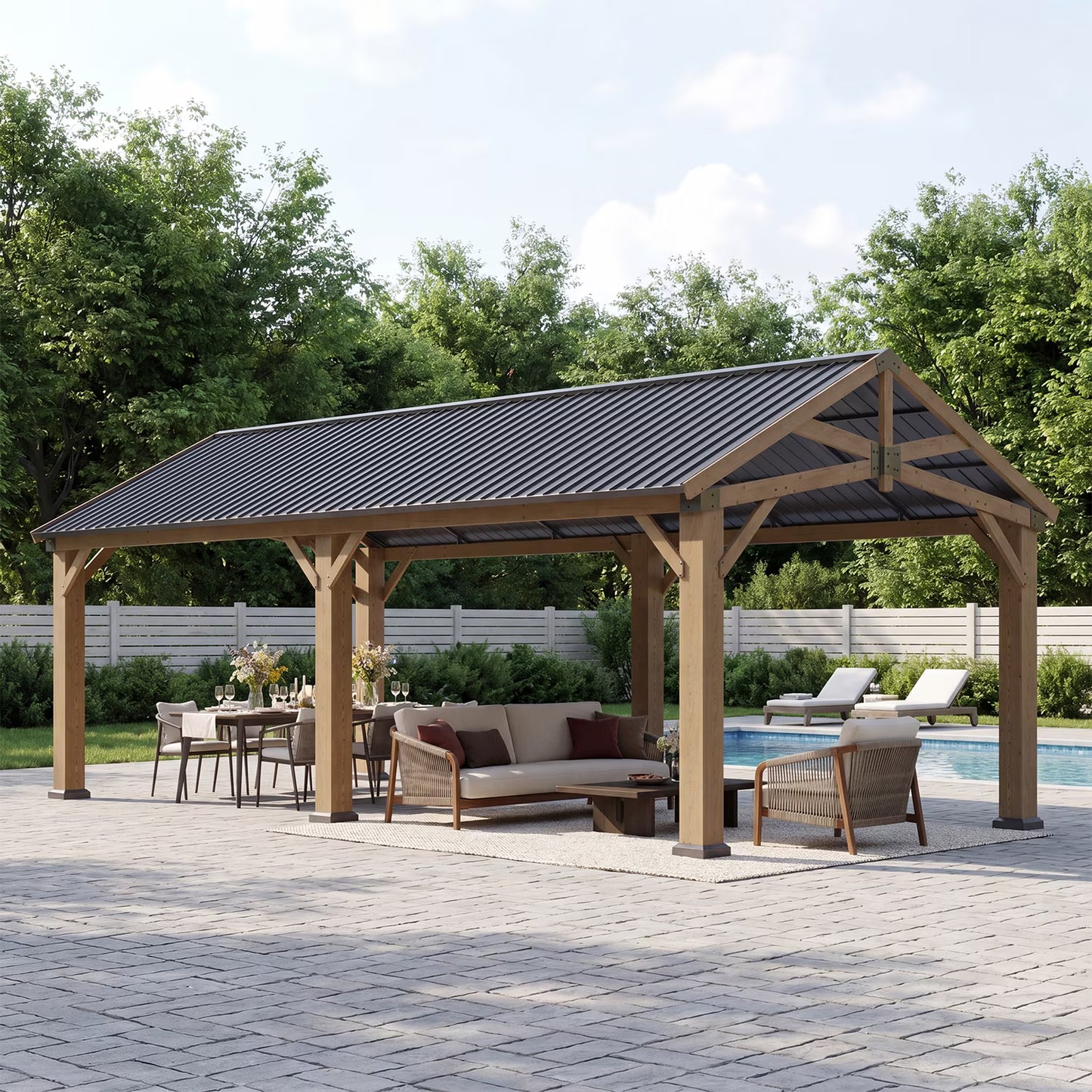 Sunmthink 12' x 24' Wood Frame Gazebo, Hardtop Gazebo with Galvanized Steel, Permanent Wooden Pavilion for Patio Backyard Lawn Garden
