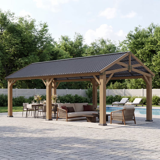 Sunmthink 12' x 24' Wood Frame Gazebo, Hardtop Gazebo with Galvanized Steel, Permanent Wooden Pavilion for Patio Backyard Lawn Garden