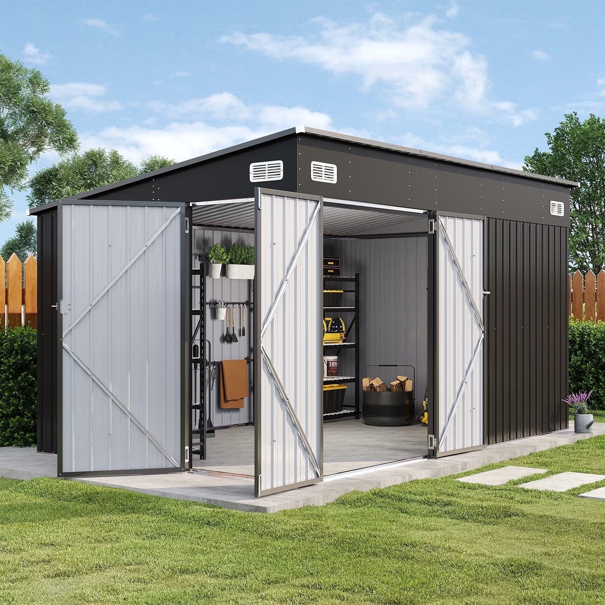Dateyes 12' x 8' Metal Storage Shed with Triple Doors, Lockable Lean-to Design & Vents, Black