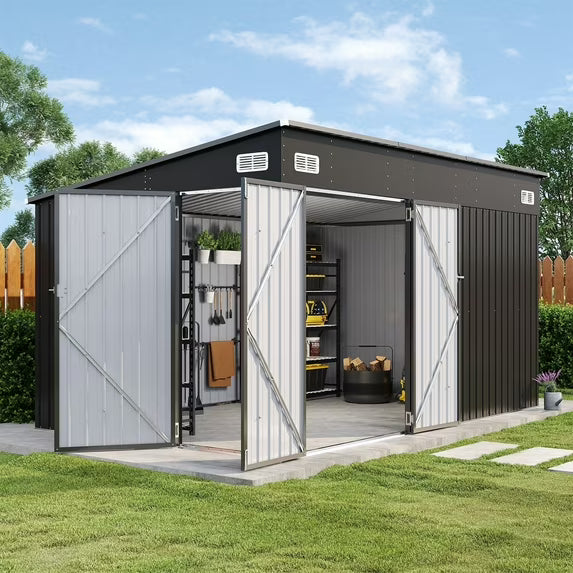 Sunmthink 12' x 8' Metal Storage Shed with Triple Doors, Lockable Lean-to Design & Vents, Black