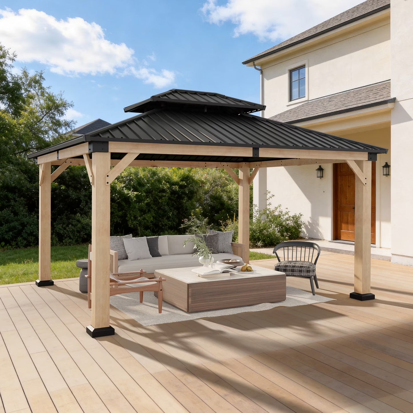 Sunmthink 12'x14' Outdoor Hardtop Gazebo, Cedar Wood Pavilion with Galvanized Steel Double Roof, for Patio, Garden, Deck