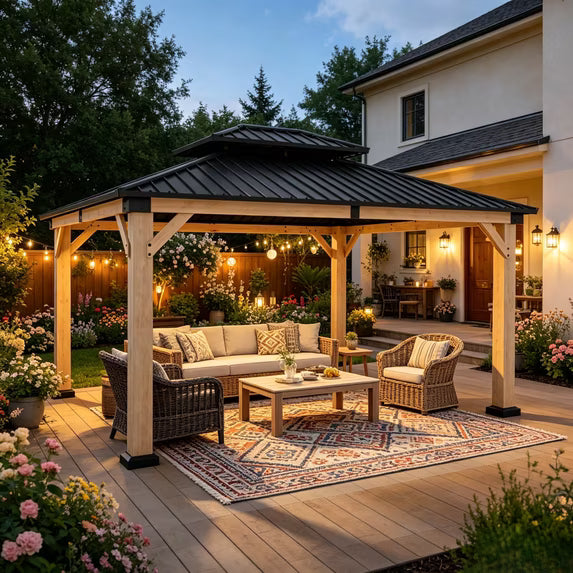 Sunmthink 12'x14' Outdoor Hardtop Gazebo, Cedar Wood Pavilion with Galvanized Steel Double Roof, for Patio, Garden, Deck