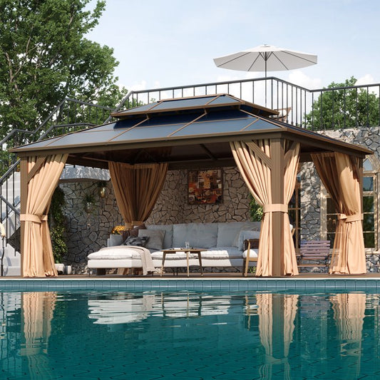 Sunmthink 12'x16' Hardtop Steel Gazebo - Durable Polycarbonate Double-Roof Design with Included Privacy Curtains & Bug Netting - Ideal for Gardens, Patios and Backyards (Brown)