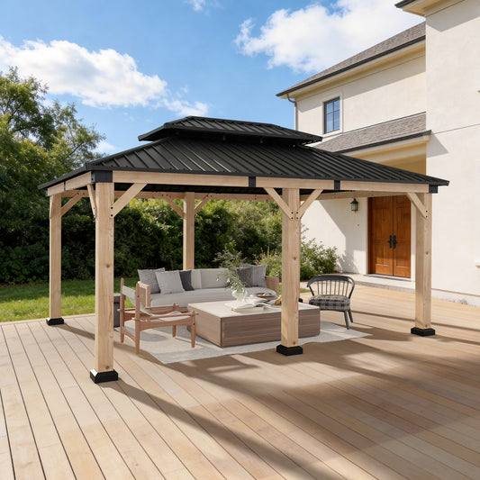 Sunmthink 12'x16' Outdoor Hardtop Gazebo, Cedar Wood Pavilion with Galvanized Steel Double Roof, for Patio, Garden, Deck