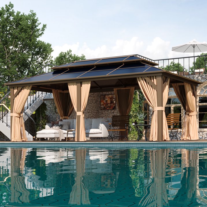 Sunmthink 12'x20' Hardtop Steel Gazebo - Durable Polycarbonate Double-Roof Design with Included Privacy Curtains & Bug Netting - Ideal for Gardens, Patios and Backyards (Brown)