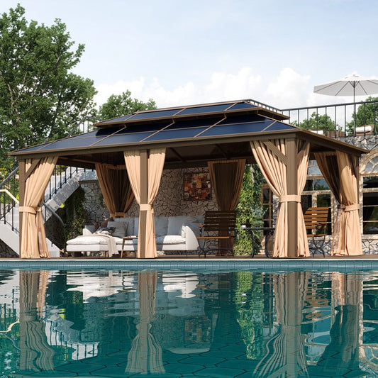 Sunmthink 12'x20' Hardtop Steel Gazebo - Durable Polycarbonate Double-Roof Design with Included Privacy Curtains & Bug Netting - Ideal for Gardens, Patios and Backyards (Brown)