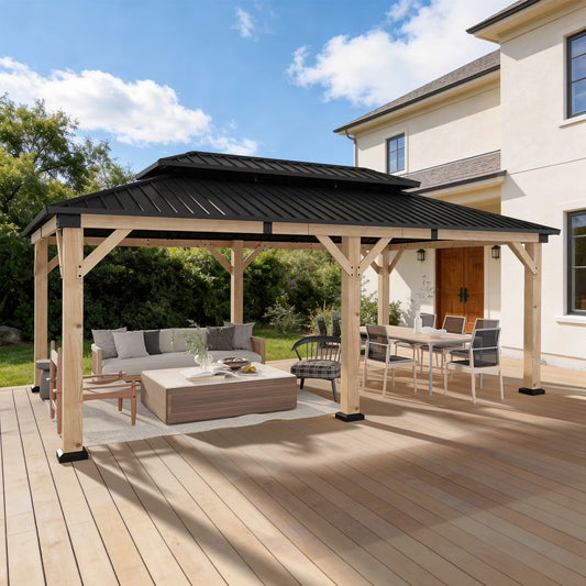 Sunmthink 12'x20' Outdoor Hardtop Gazebo, Cedar Wood Pavilion with Galvanized Steel Double Roof, for Patio, Garden, Deck