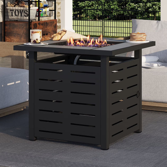 Sunmthink 28 Inch 50,000 BTU Fire Pit Table - Ceramic Tabletop with Lava Rocks & Lid
