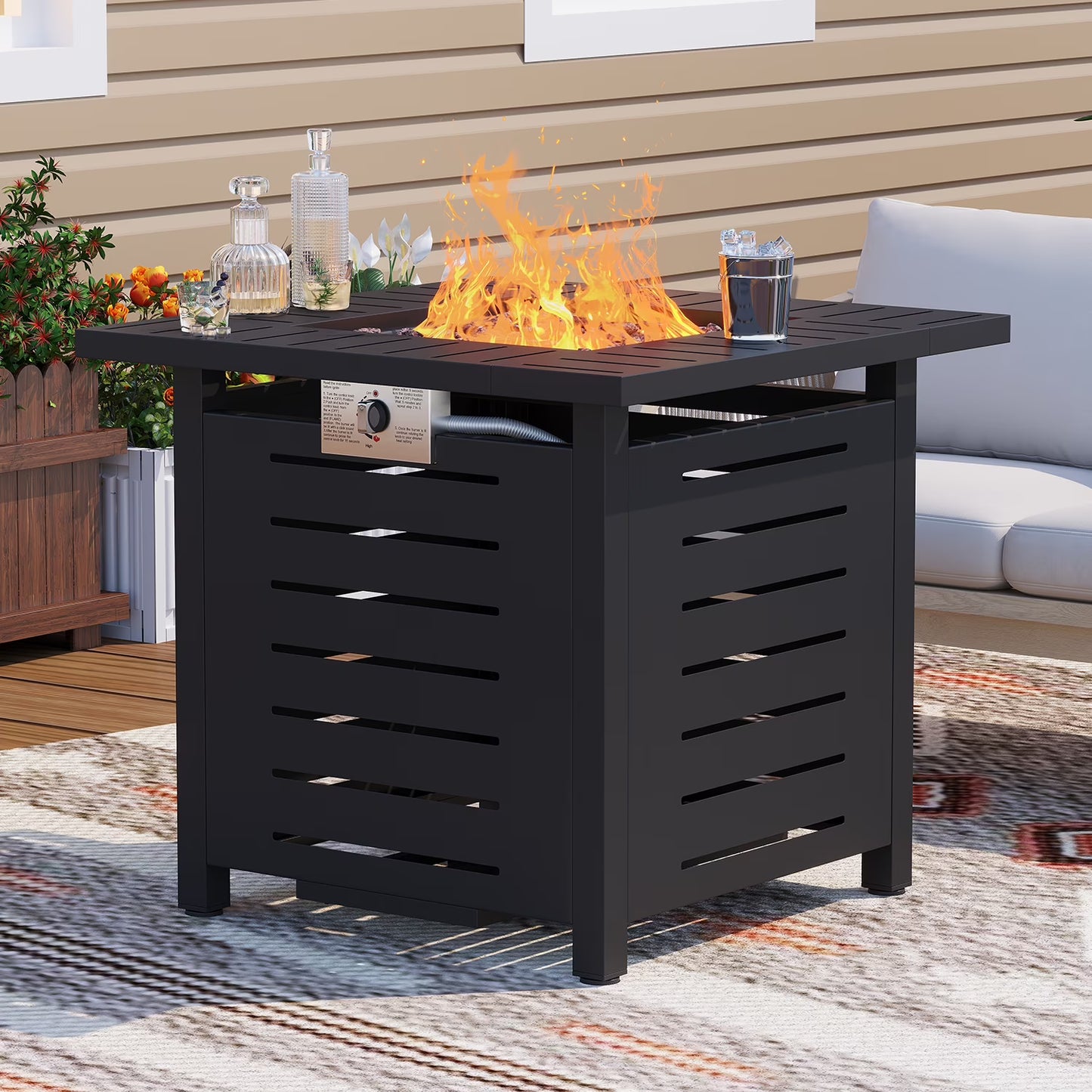 Sunmthink 28" Propane Fire Pit Table, 50,000 BTU Auto Ignition Steel Gas Fire Pit with Removable Lid & Waterproof Cover for Patio, Backyard, Black