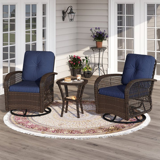 Sunmthink 3-Piece Patio Furniture Set with Swivel Rocking Chairs and Side Table, Thickened Cushions Outdoor Wicker Bistro for Porch Deck Backyard (Blue)