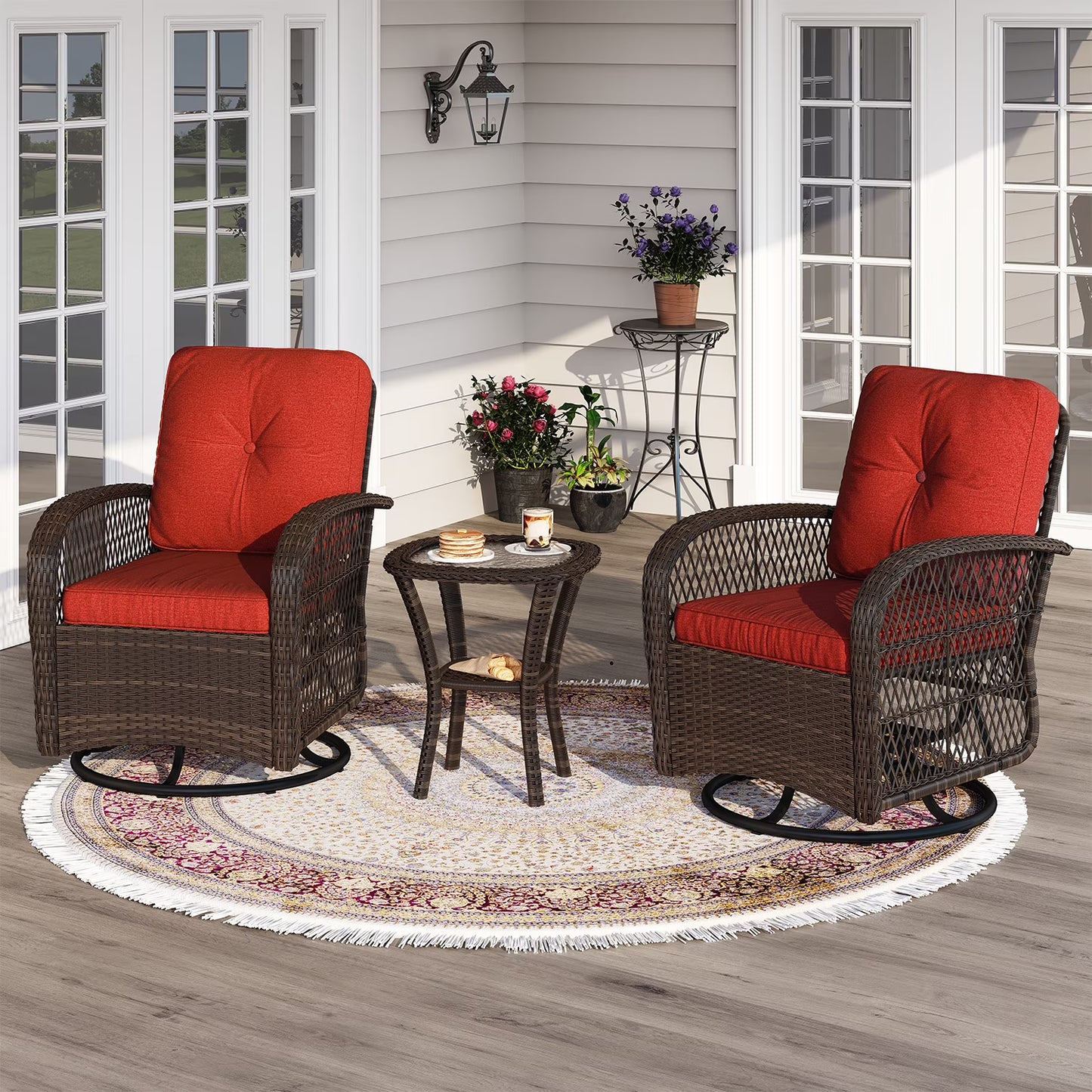 Sunmthink 3-Piece Patio Furniture Set with Swivel Rocking Chairs and Side Table, Thickened Cushions Outdoor Wicker Bistro for Porch Deck Backyard (Red)