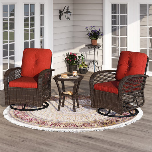 Sunmthink 3-Piece Patio Furniture Set with Swivel Rocking Chairs and Side Table, Thickened Cushions Outdoor Wicker Bistro for Porch Deck Backyard (Red)
