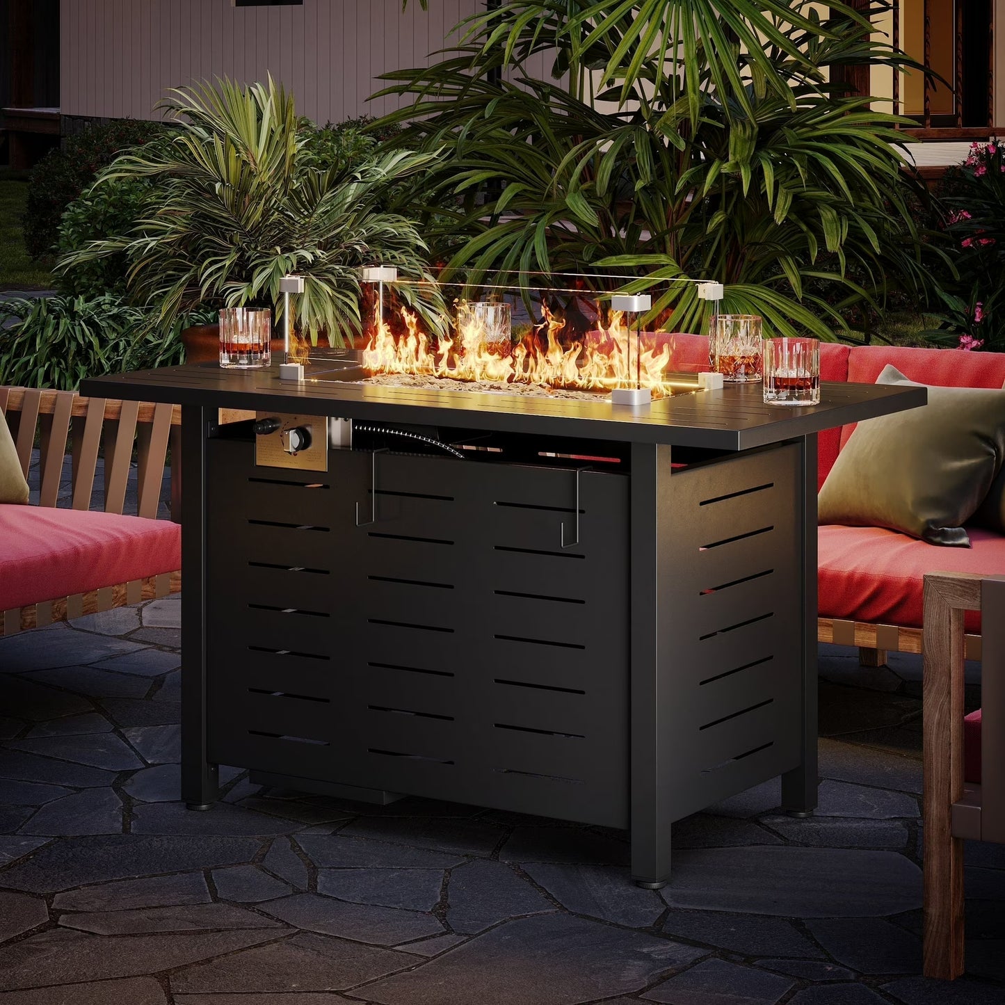 Sunmthink 44" Propane Fire Pit Table, 60,000 BTU Auto Ignition Steel Gas Fire Pit with Removable Lid & Waterproof Cover for Patio, Backyard, Black