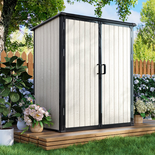 Sunmthink 5.0' X 3.1' Resin Outdoor Shed with Base Frame, Plastic Shed with Lockable Door, for Garden, Ptaio, Backyard, Beige