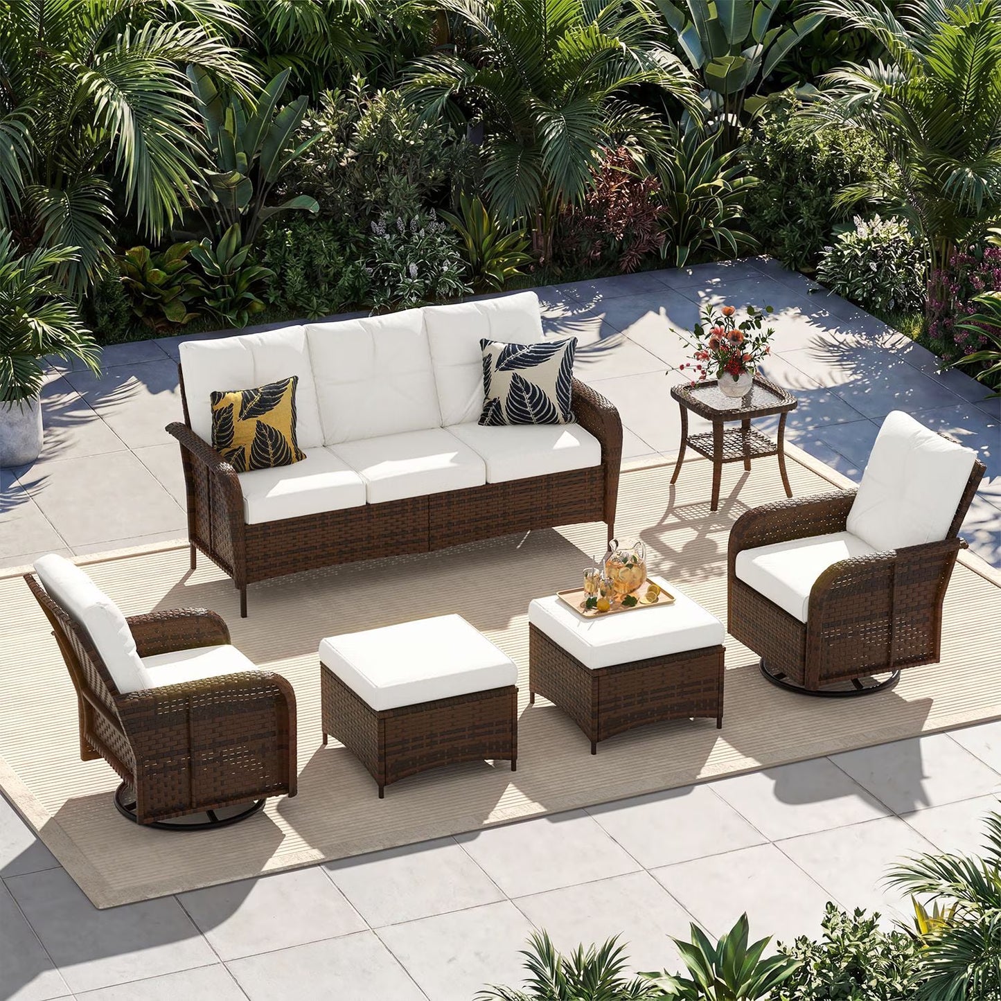 Sunmthink 6-Piece Patio Furniture Set, High Back Swivel Rocker Chairs with Thick Cushions, Wicker Rattan Outdoor Sectional Sofa with Ottoman, Beige