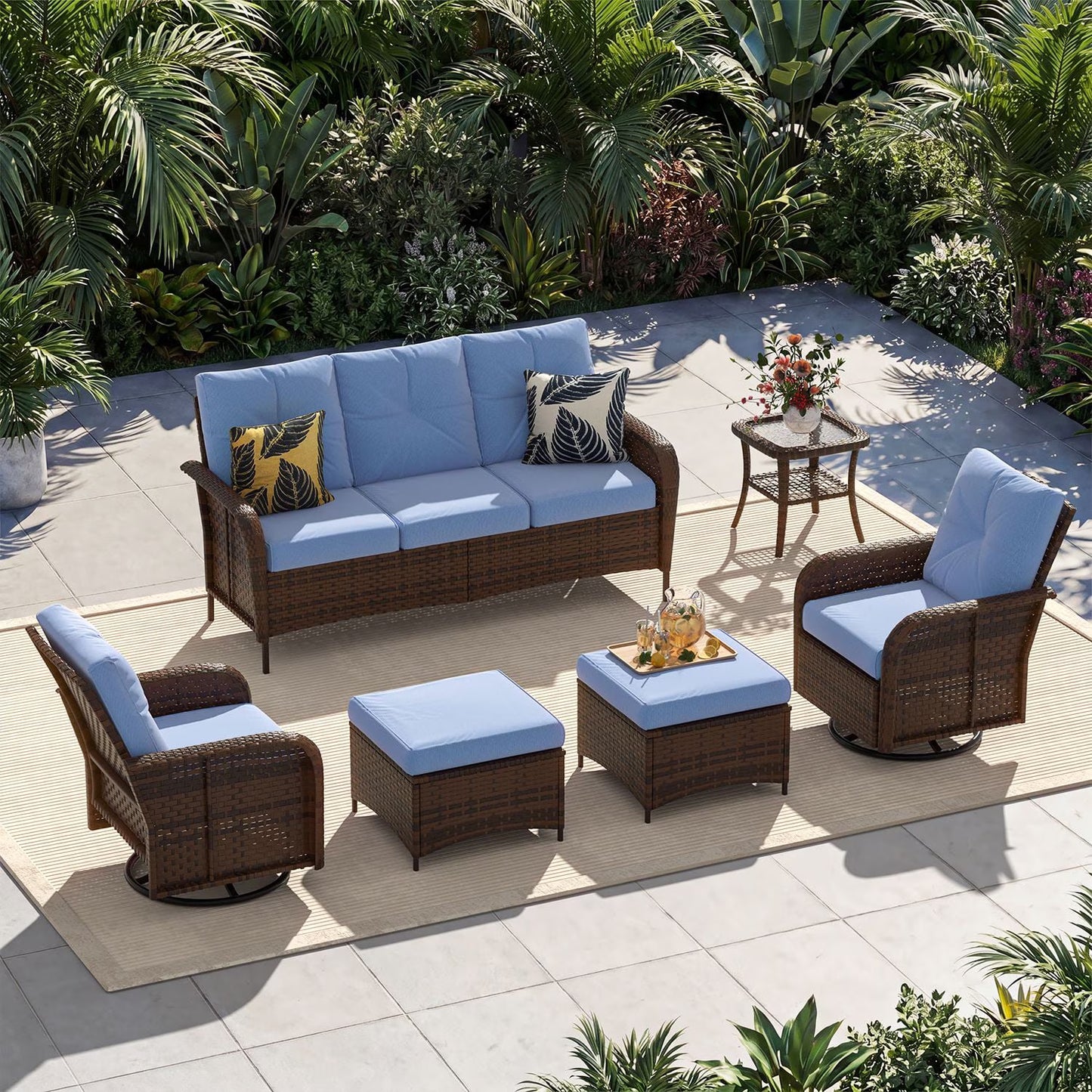 Sunmthink 6-Piece Patio Furniture Set, High Back Swivel Rocker Chairs with Thick Cushions, Wicker Rattan Outdoor Sectional Sofa with Ottoman, Blue