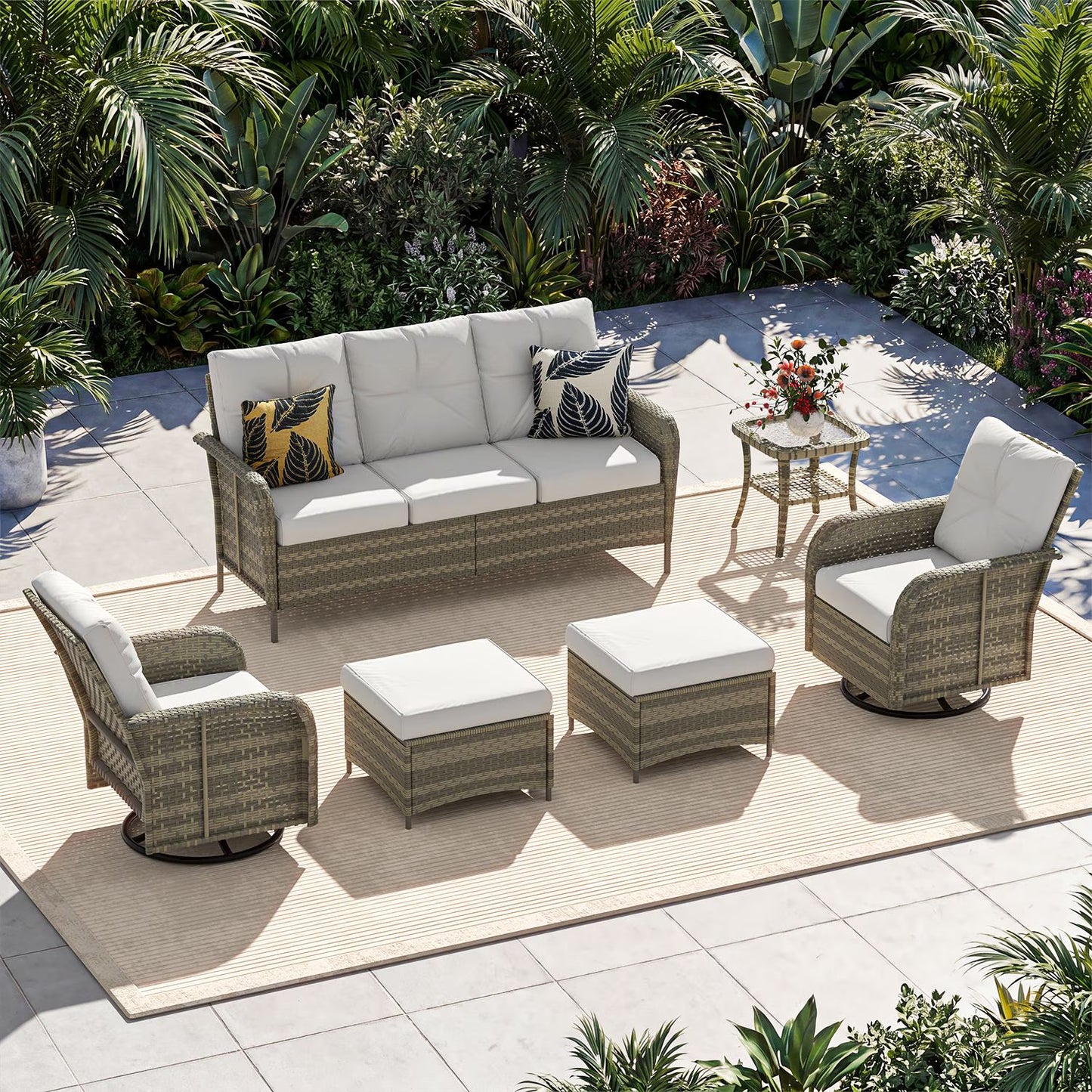 Sunmthink 6-Piece Patio Furniture Set, High Back Swivel Rocker Chairs with Thick Cushions, Wicker Rattan Outdoor Sectional Sofa with Ottoman, Gray