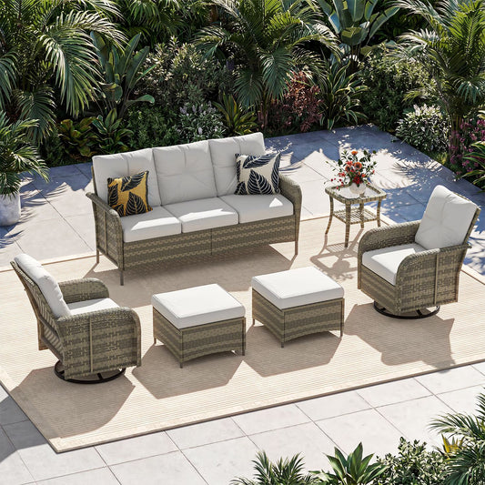 Sunmthink 6-Piece Patio Furniture Set, High Back Swivel Rocker Chairs with Thick Cushions, Wicker Rattan Outdoor Sectional Sofa with Ottoman, Gray