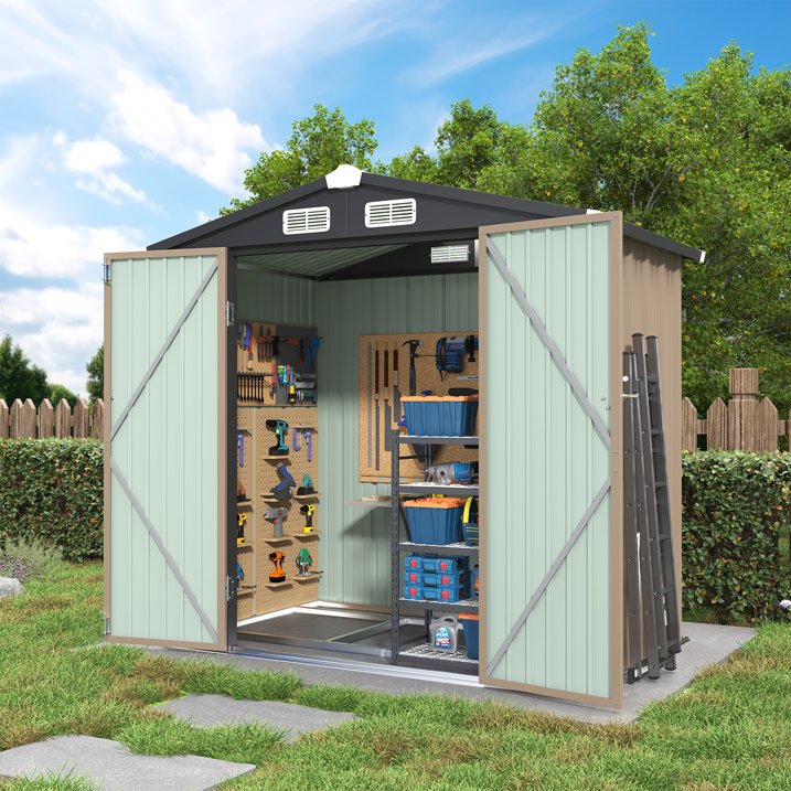 Sunmthink 6 x 4 ft Outdoor Storage Shed with Vents and Double door, Brown, with Base