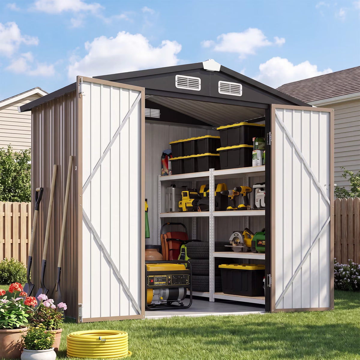 Dateyes 6X4FT Outdoor Storage Shed with Plastic Floor, Metal Tool Shed with Lockable Door and Vents, Patio Shed for Garden, Backyard, Poolside, Brown