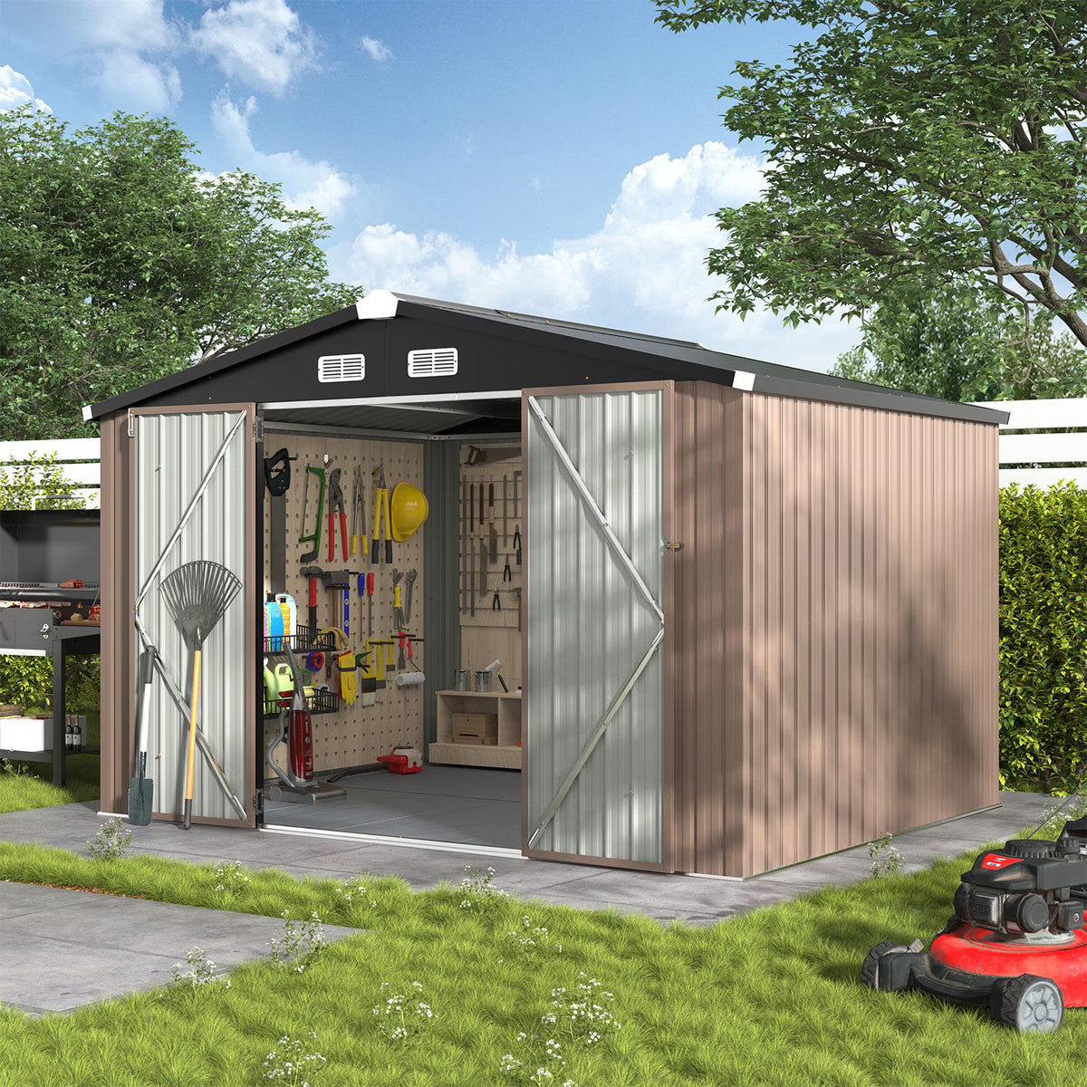 Dateyes 6X8FT Outdoor Storage Shed with Plastic Floor, Metal Tool Shed with Lockable Door and Vents, Patio Shed for Garden, Backyard, Poolside, Brown
