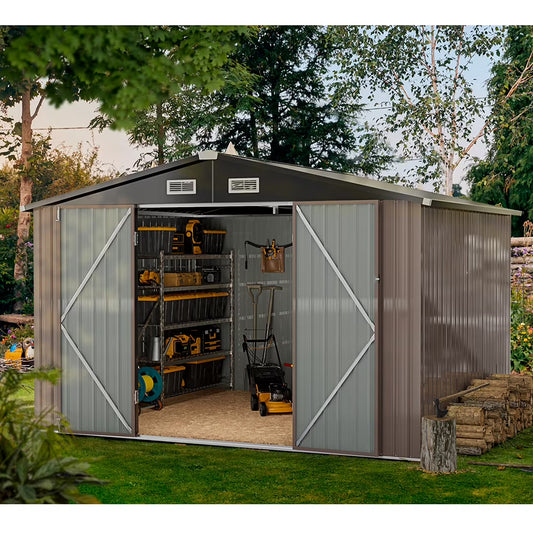 Sunmthink 7.6 x 9.7 FT Outdoor Storage Shed with Base Frame, Metal Shed with Lockable Door, Tool Shed for Garden, Backyard, Patio, Lawn(Floor included)
