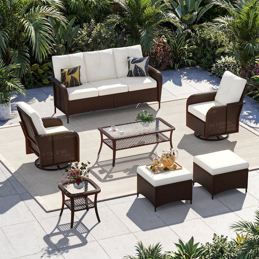 Sunmthink 7-Piece Patio Furniture Set, High Back Swivel Rocker Chairs with Thick Cushions, Wicker Rattan Outdoor Sectional Sofa with Coffee Table & Ottoman, Beige