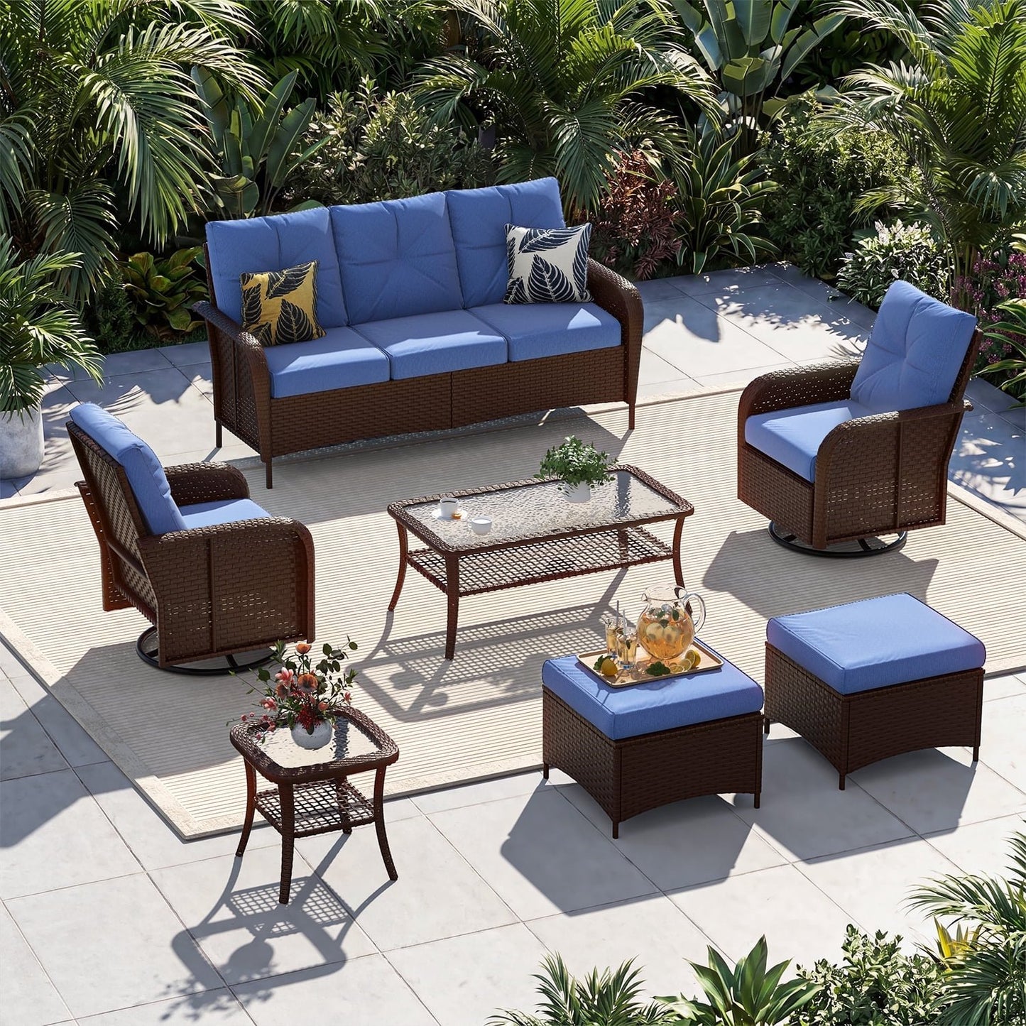 Sunmthink 7-Piece Patio Furniture Set, High Back Swivel Rocker Chairs with Thick Cushions, Wicker Rattan Outdoor Sectional Sofa with Coffee Table & Ottoman, Blue
