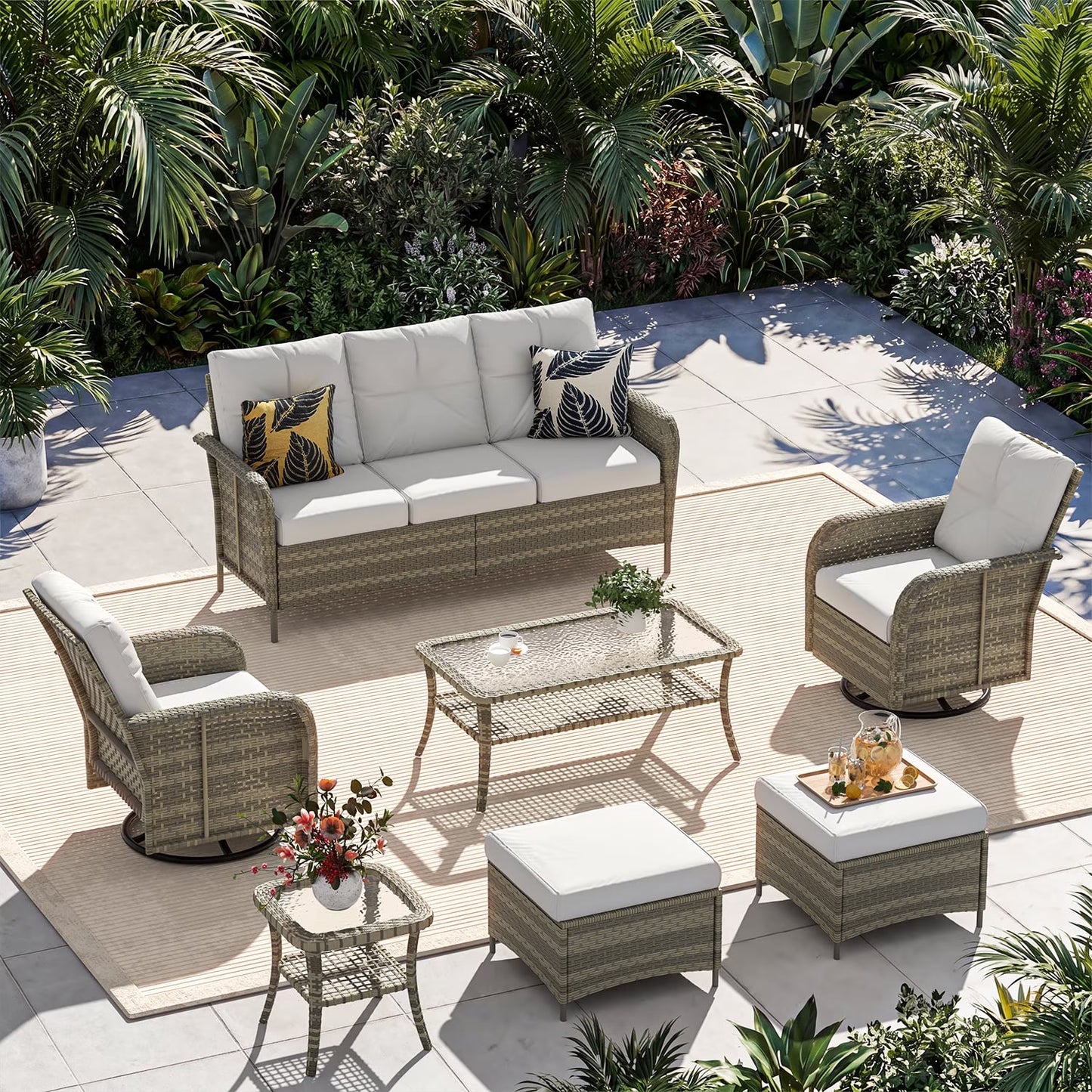 Sunmthink 7-Piece Patio Furniture Set, High Back Swivel Rocker Chairs with Thick Cushions, Wicker Rattan Outdoor Sectional Sofa with Coffee Table & Ottoman, Gray
