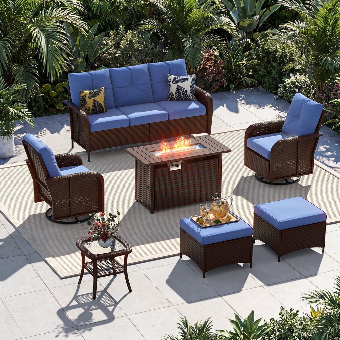 Sunmthink 7-Piece Patio Furniture Set, High Back Swivel Rocker Chairs with Thick Cushions, Wicker Rattan Outdoor Sectional Sofa with Fire Pit & Ottoman, Blue